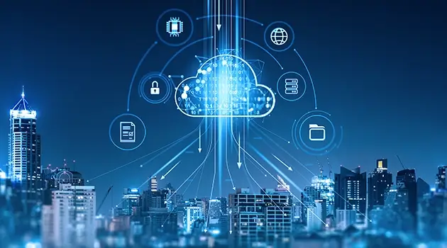 以蓝色未来主义城市景观为背景的天际线，其中点缀着代表数据、安全和互联等技术概念的数字云图标。