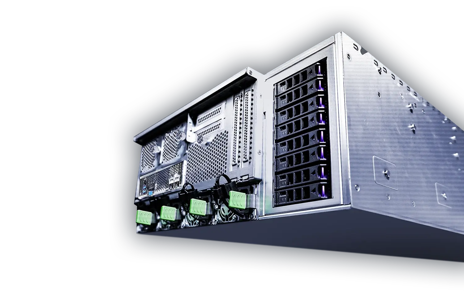 ASUS OJ340A-RS60 金属机架的特写镜头，其上设有多个黑色硬盘托架，背景为充满未来感的数字画面，并配有关于数据存储的文字说明。