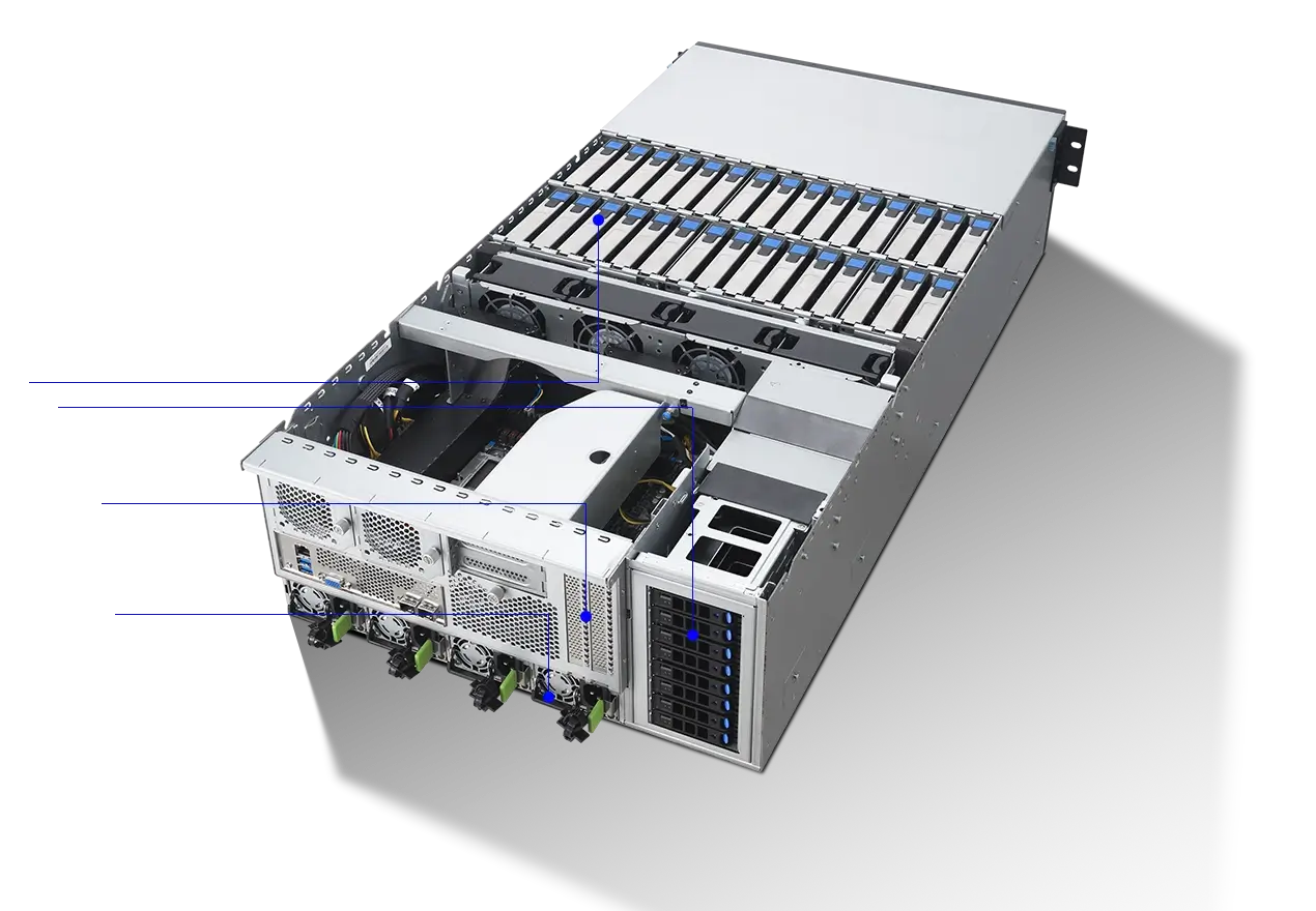 ASUS OJ340A-RS60 的开放式服务器机箱展示了排列整齐的多个存储托架、散热风扇和电源。