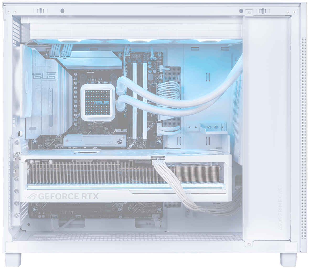 ASUS Prime AP303 以线稿展示水冷散热器、主板、显卡和电源的兼容性