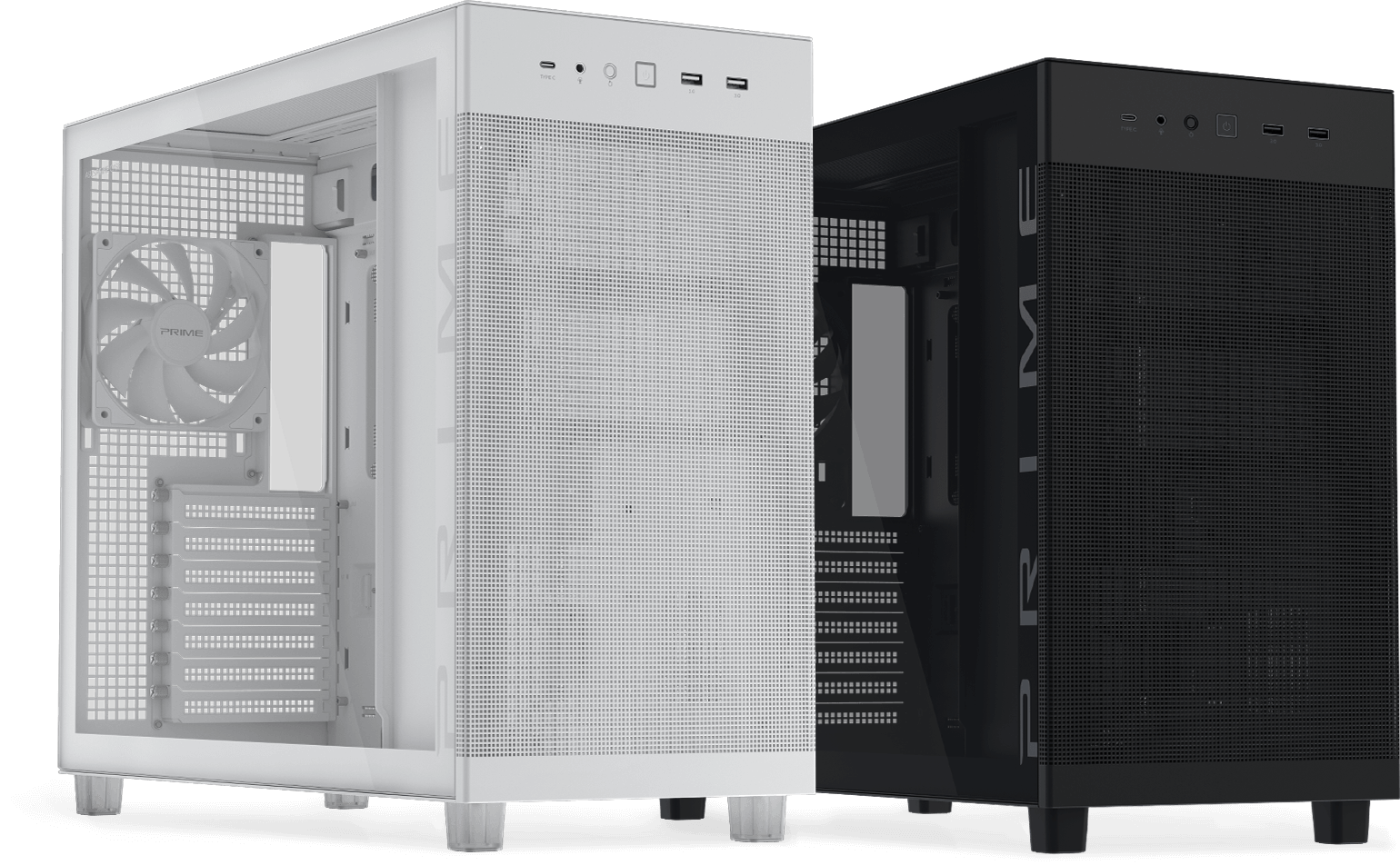 ASUS Prime AP303 黑色与白色强化玻璃面板版本并列展示