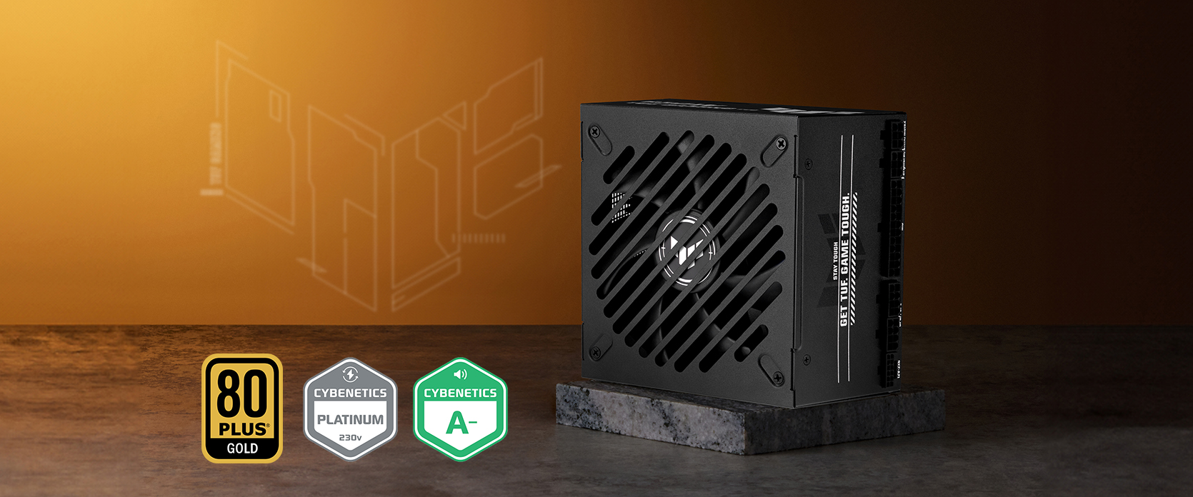TUF GAMING 装弹手 EVO 电源电源展示，徽标显示“80 Plus Gold”、“Cybenetics Platinum(230V)”与“Cybenetics Lambda A-”