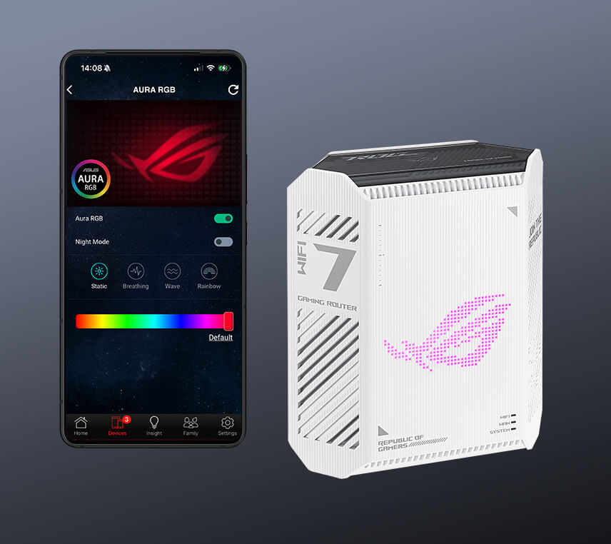 ROG 魔盒 Air 笔记本电脑与华硕路由器移动应用并列展示,该应用可控制Aura RGB灯光效果。