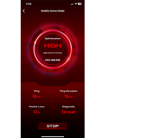 手游模式屏幕显示优化级别为“高”,Ping 值 8ms,Ping 偏差 5ms,丢包率 0%,诊断状态为“极佳”;右侧文字显示延迟降低高达 47%。