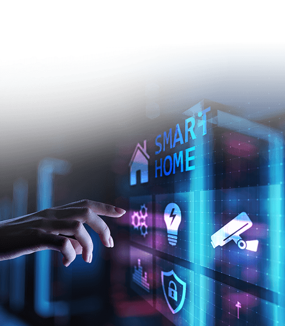 手触摸带有控制图标的发光智能家居界面。