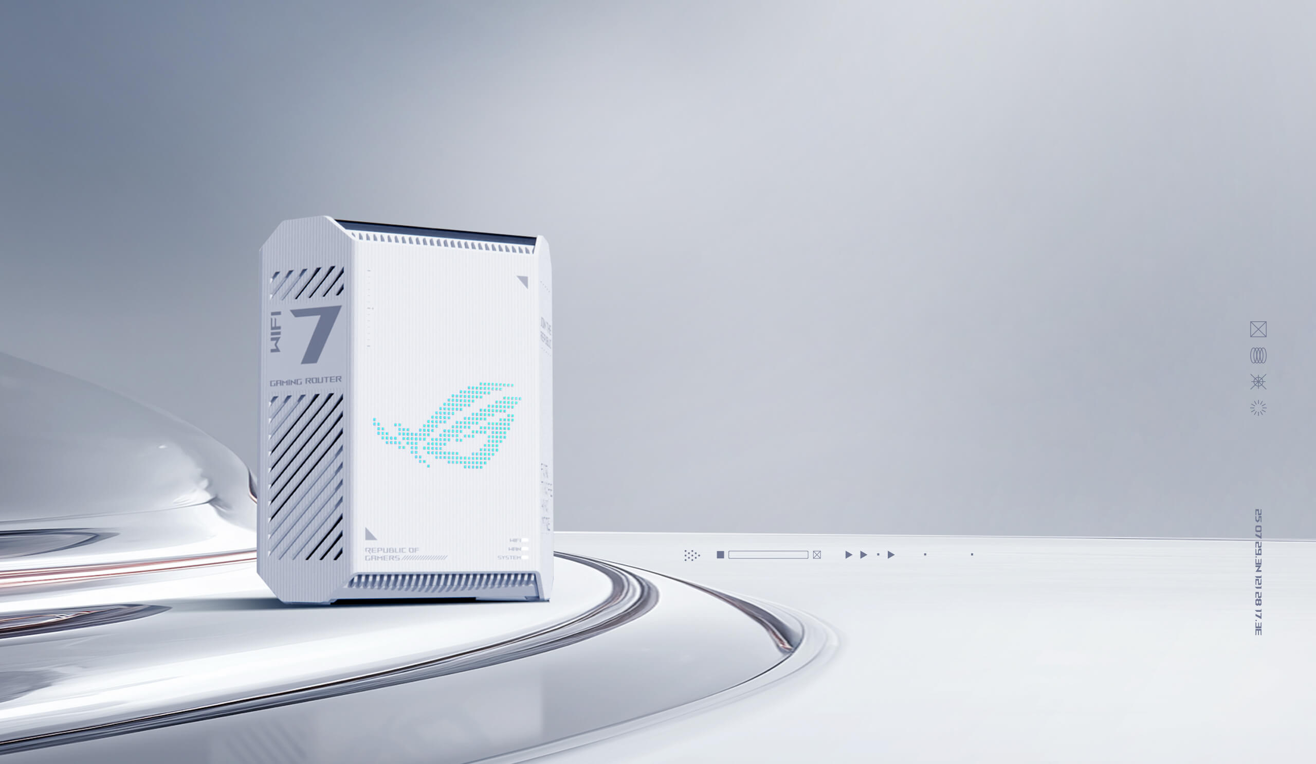 ROG 魔盒 Air WiFi 7 游戏路由器置于未来感十足的白色背景上。