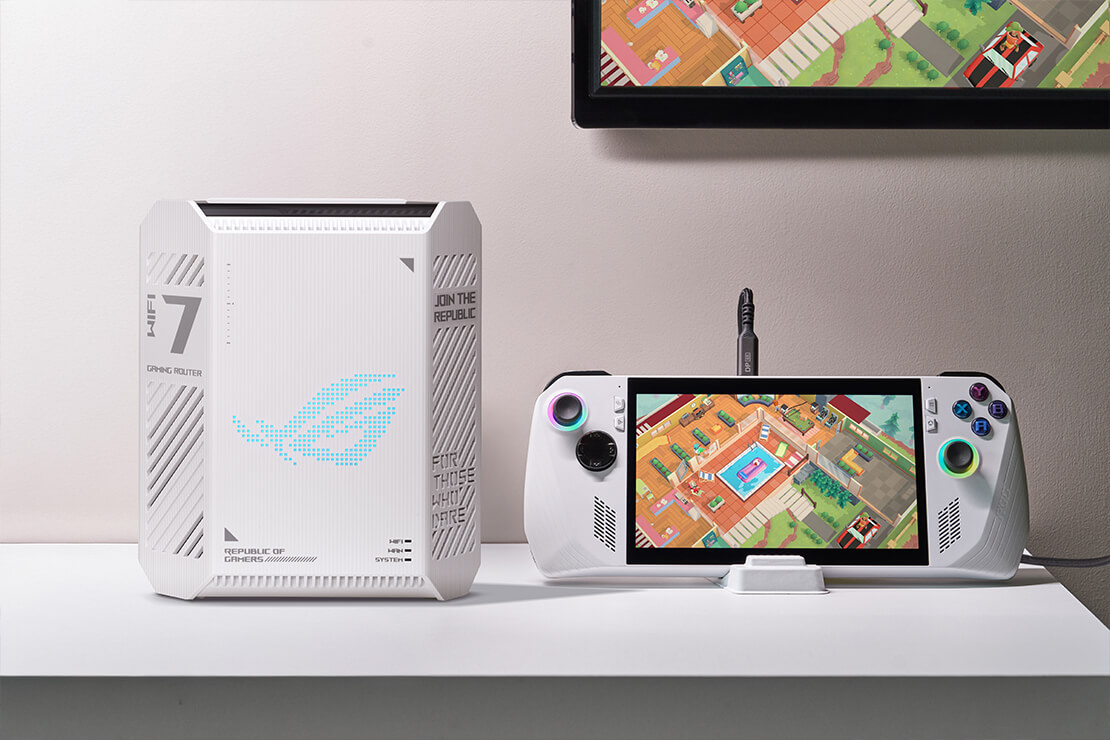 ROG 魔盒 Air WiFi 7路由器置于白色架子上,旁边是ROG Ally掌上游戏设备,屏幕正显示着绚丽多彩的游戏场景。