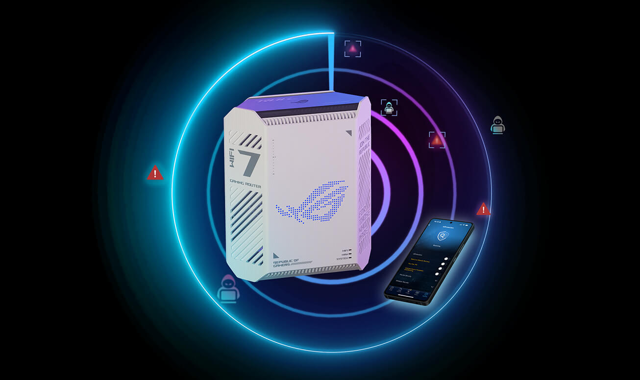 ROG Strix GS7 Air WiFi 7 gaming router surrounded by concentric security rings and warning icons, with a smartphone displaying network protection features.