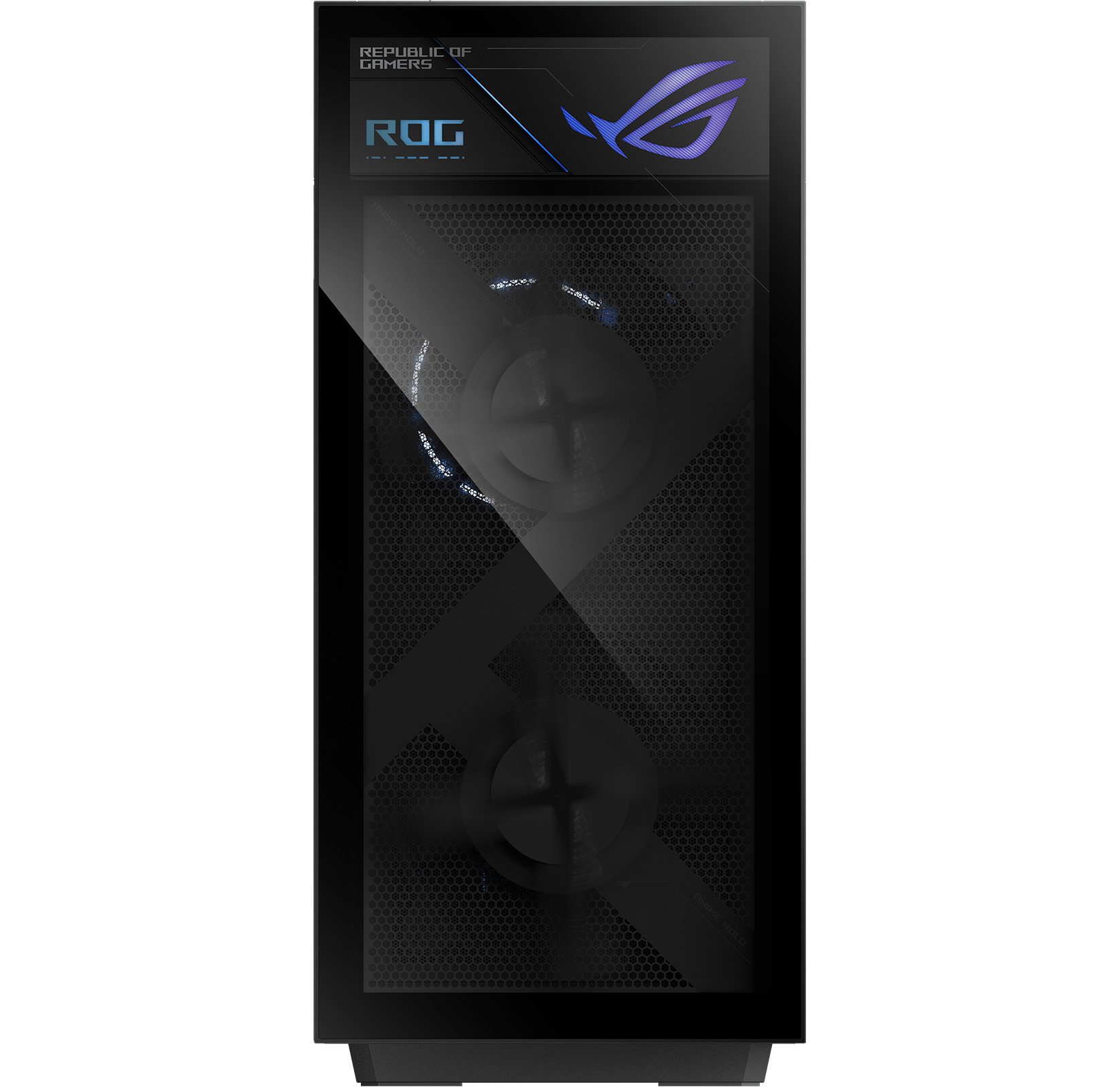 展示带有 RGB 灯光的 枪神 10X 电竞台式机，重点介绍电竞台式机的正面。