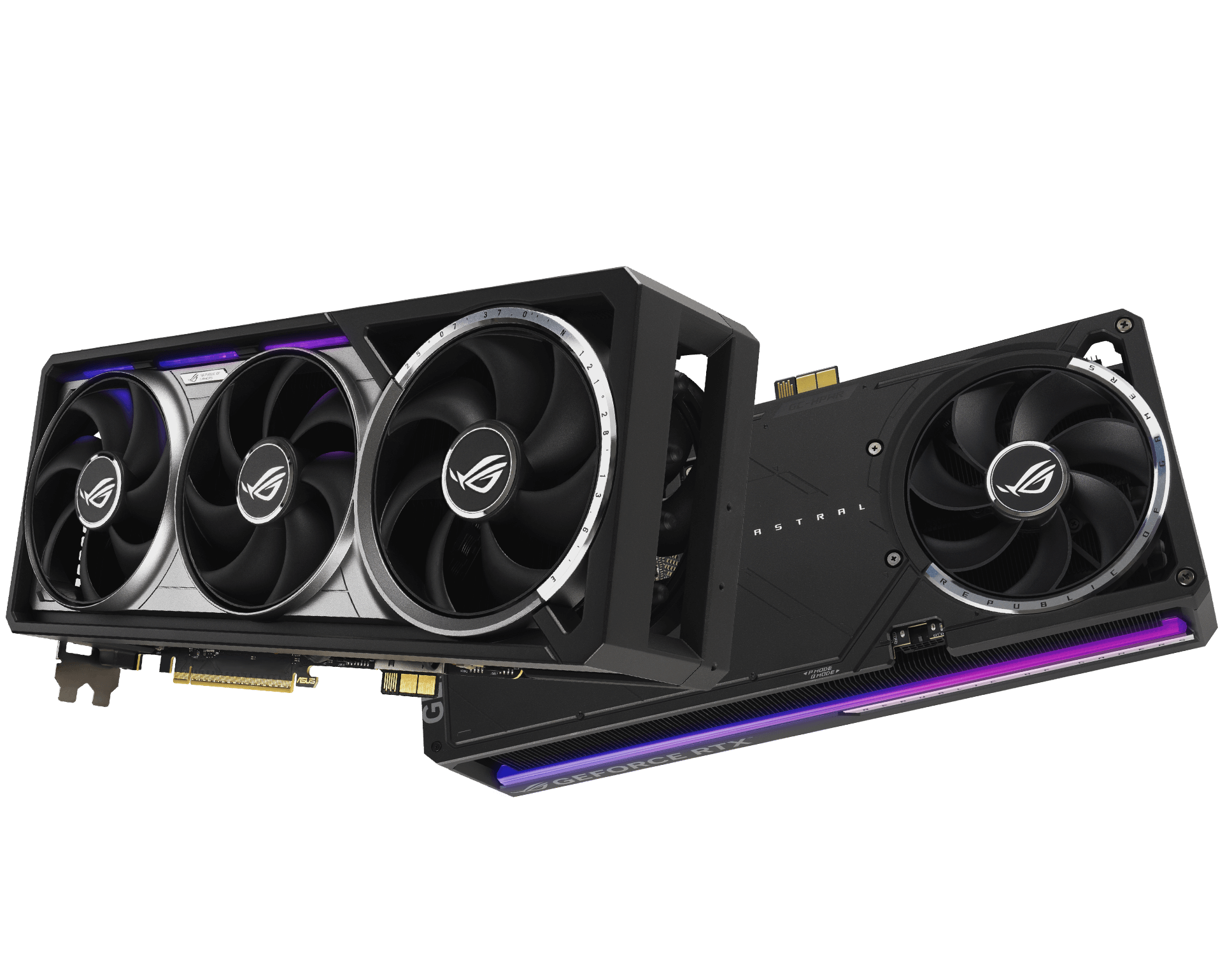 ROG 枪神 10X 内部结构图，特别突显关键组件。图片中间是 ROG Astral GeForce RTX™ 5090 GPU。