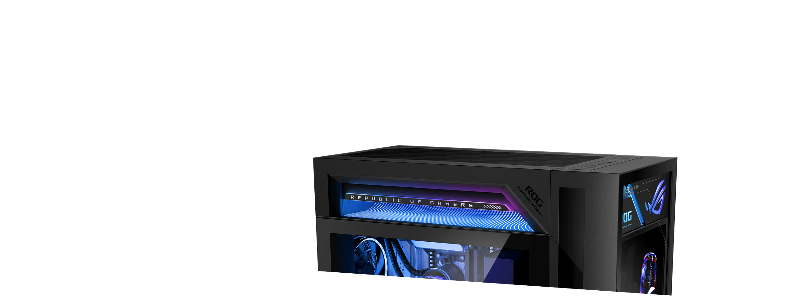 特写镜头展示 ROG 枪神 10X 电竞台式机 ROG独家散热系统 RGB 照明的光导设计。