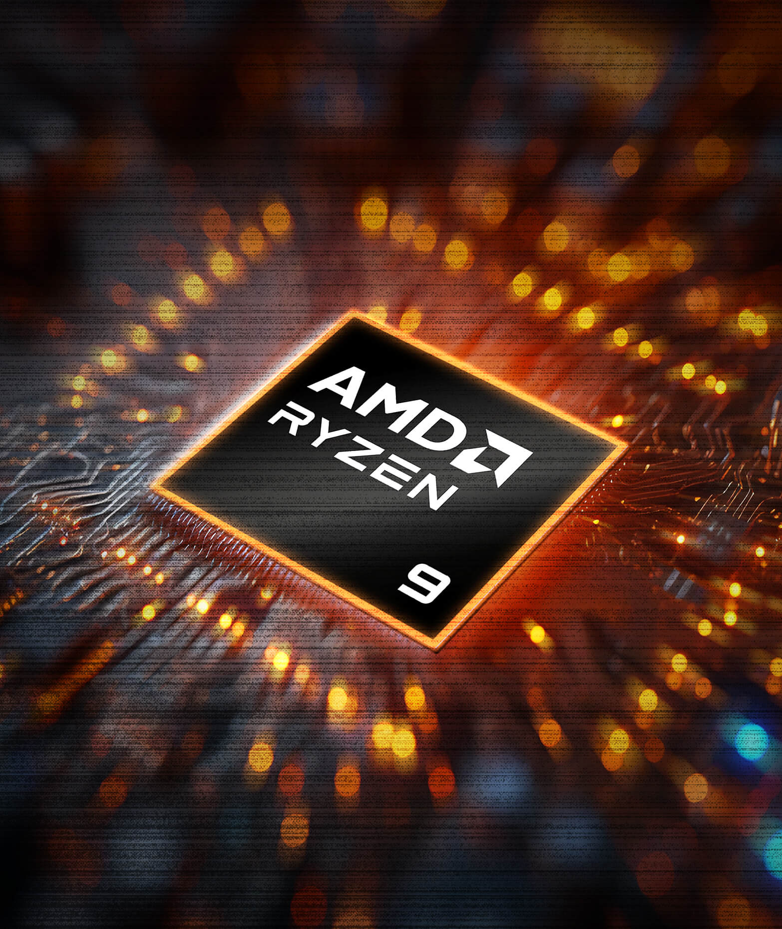 特写镜头显示电路板中央的 AMD Ryzen 9 处理器，周围环绕着发出橘色光芒的走线和电子组件。