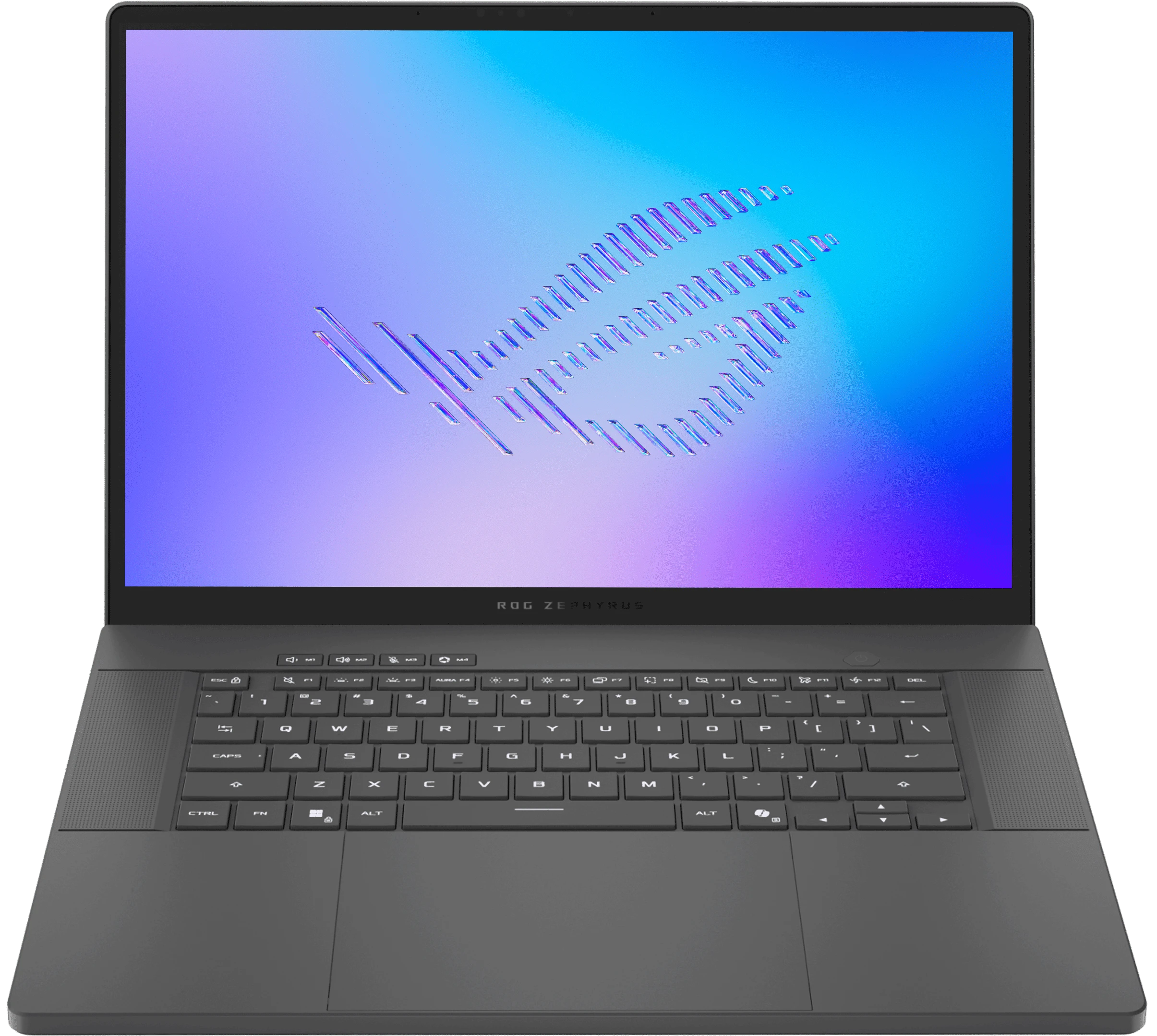 An Eclipse Grey 幻14 Air, with a 3D cutaway on the speaker section and large simulated soundwaves coming from the speakers.