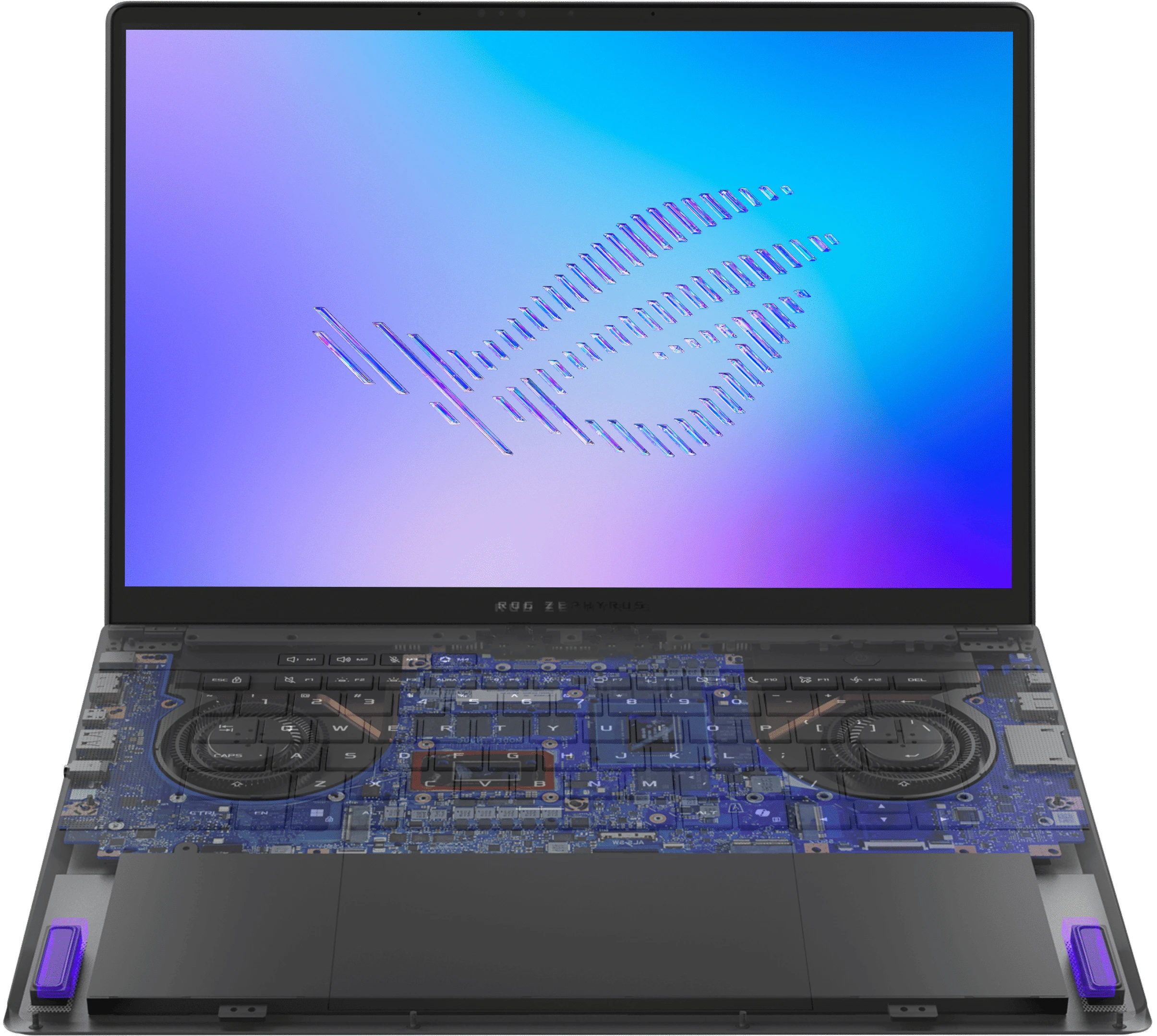 An Eclipse Grey 幻14 Air, with a 3D cutaway on the speaker section and large simulated soundwaves coming from the speakers.