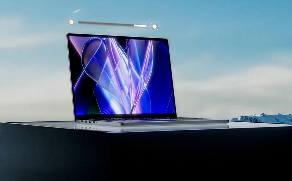 An extreme close-up of the power port and the stealth hinge design of an Eclipse Grey 幻14 Air.