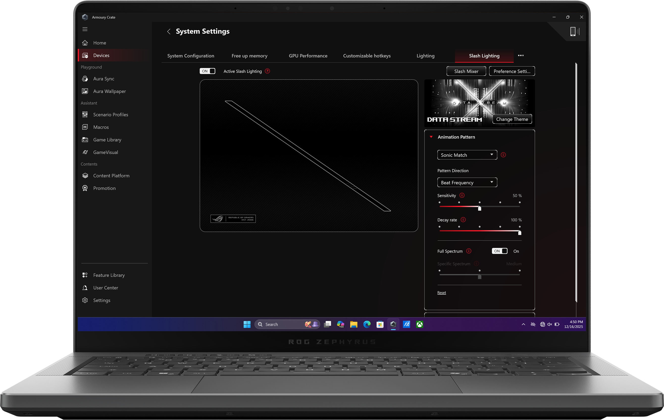 An Eclipse Grey 幻14 Air with the lid open and the Game Visual submenu of Armoury Crate open on screen.