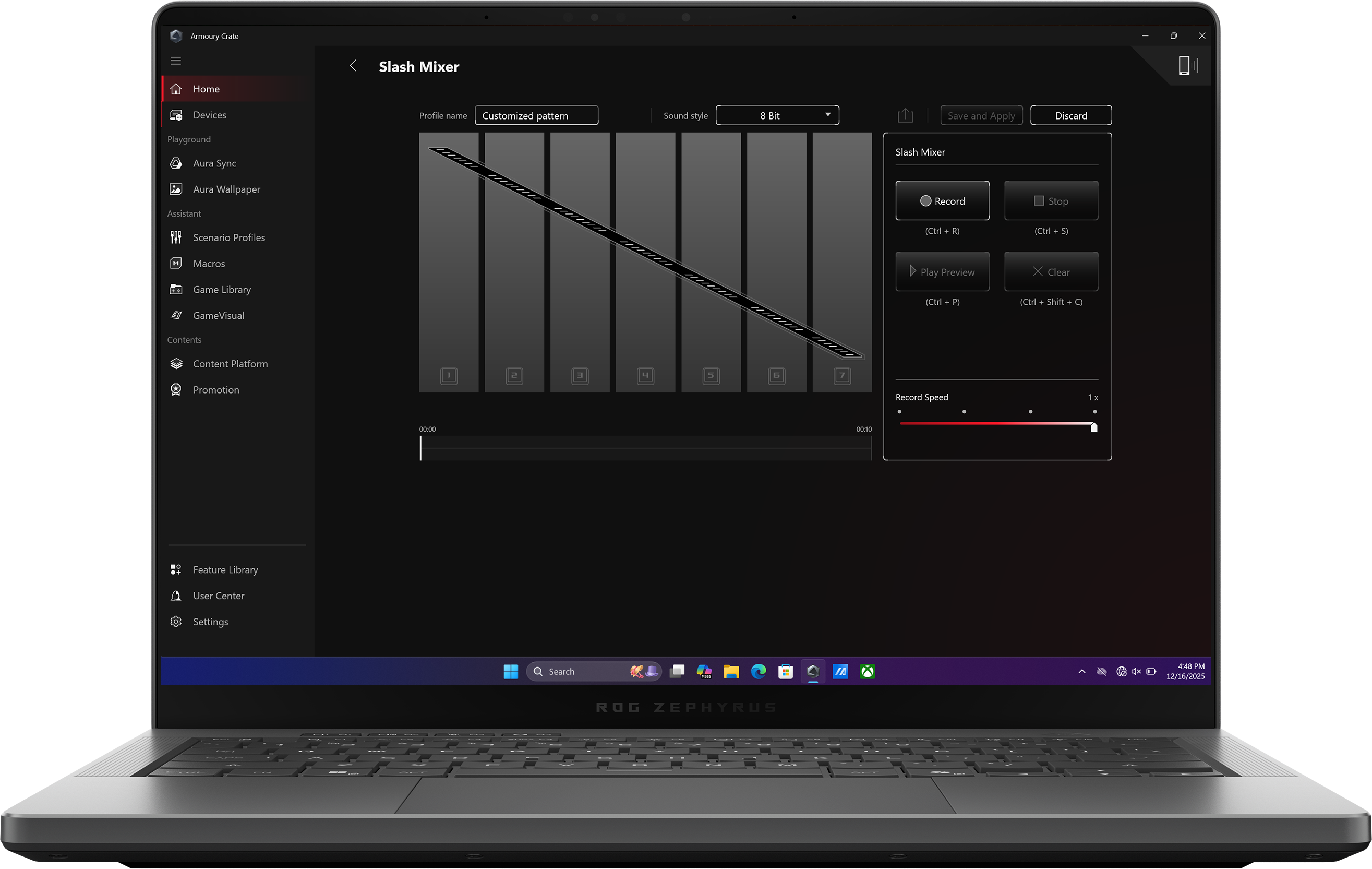 An Eclipse Grey 幻14 Air with the lid open and the main page of Armoury Crate on screen.