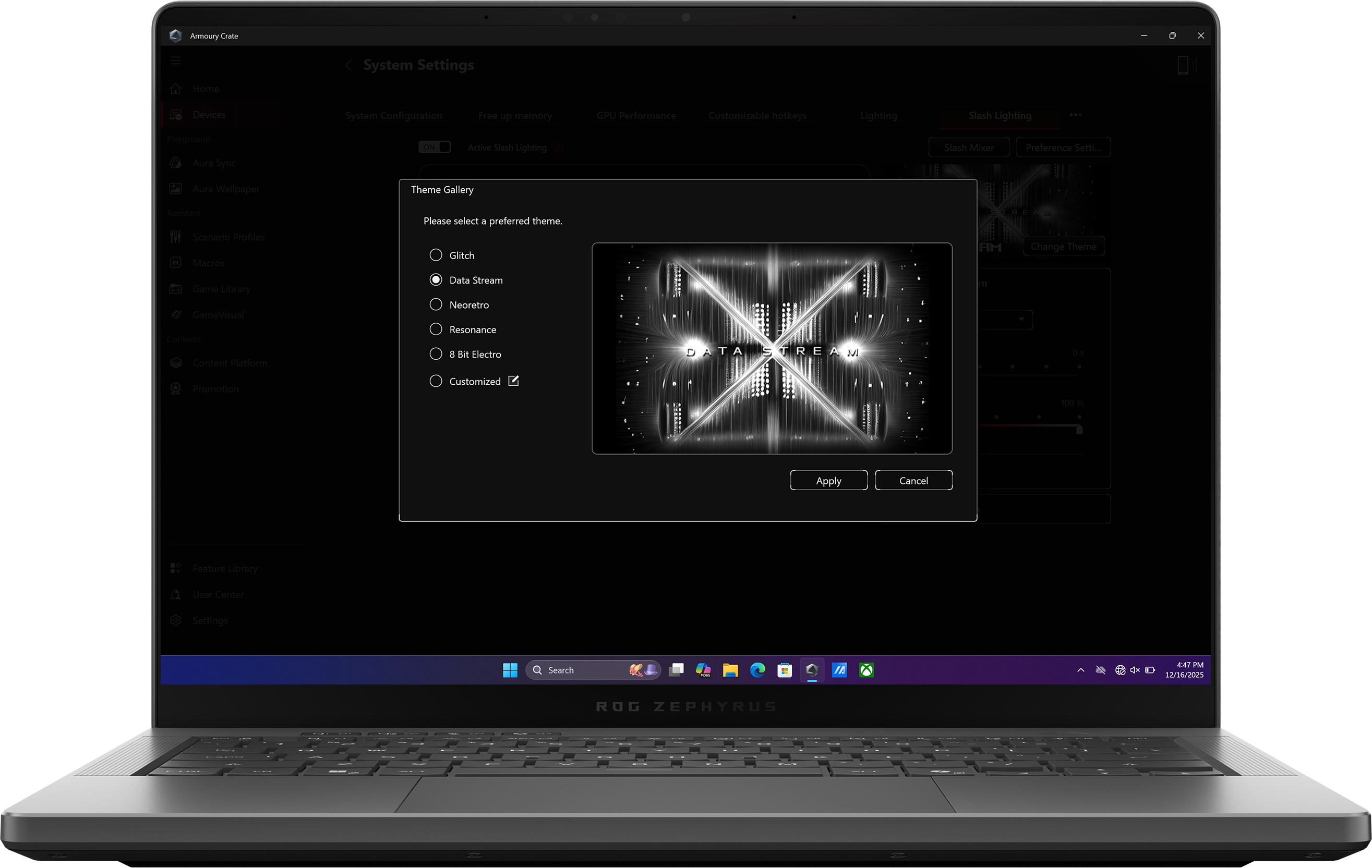 An Eclipse Grey 幻14 Air with the lid open and the Game Visual submenu of Armoury Crate open on screen.