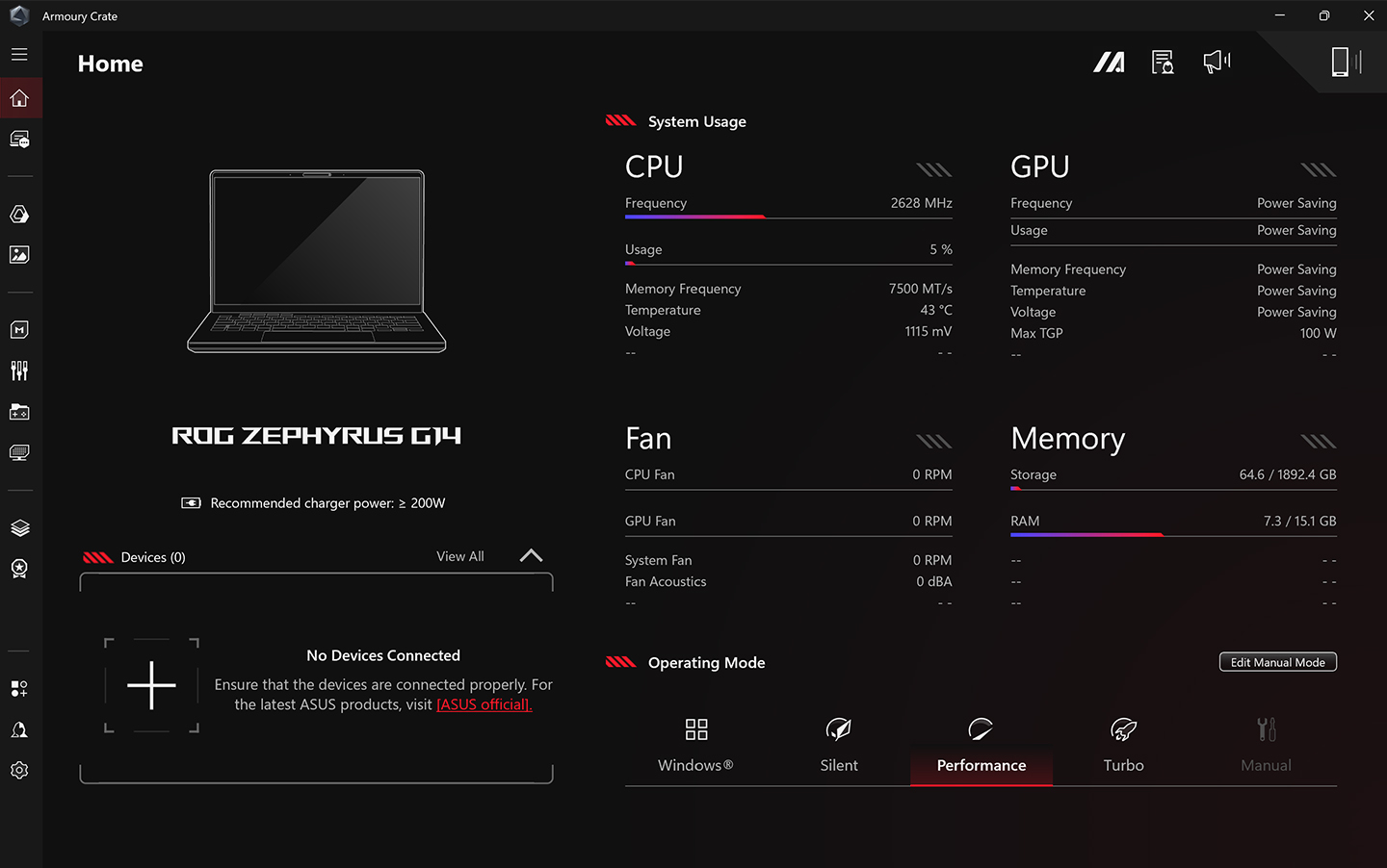 An Eclipse Grey 幻14 Air with the lid open and the main page of Armoury Crate on screen.