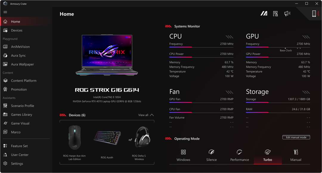 The UI displays Turbo Mode in Armoury Crate.