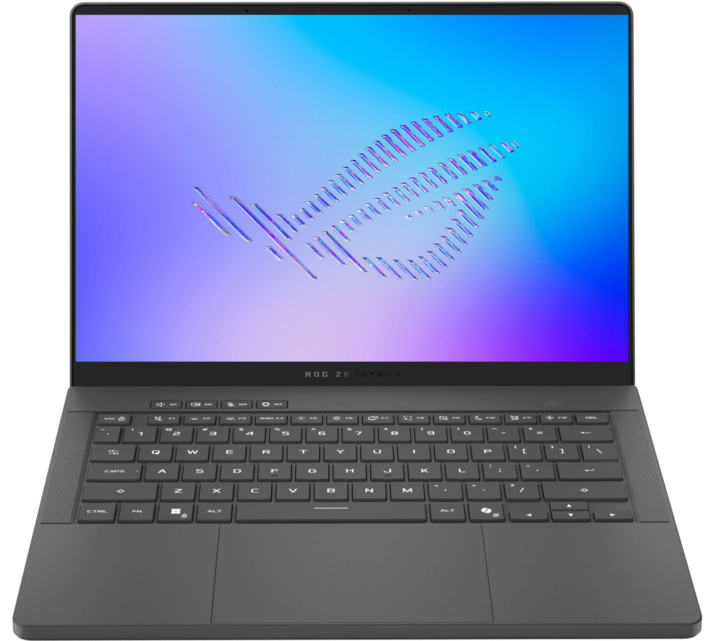 An Eclipse Grey 幻16 Air, with a 3D cutaway on the speaker section and large simulated soundwaves coming from the speakers.