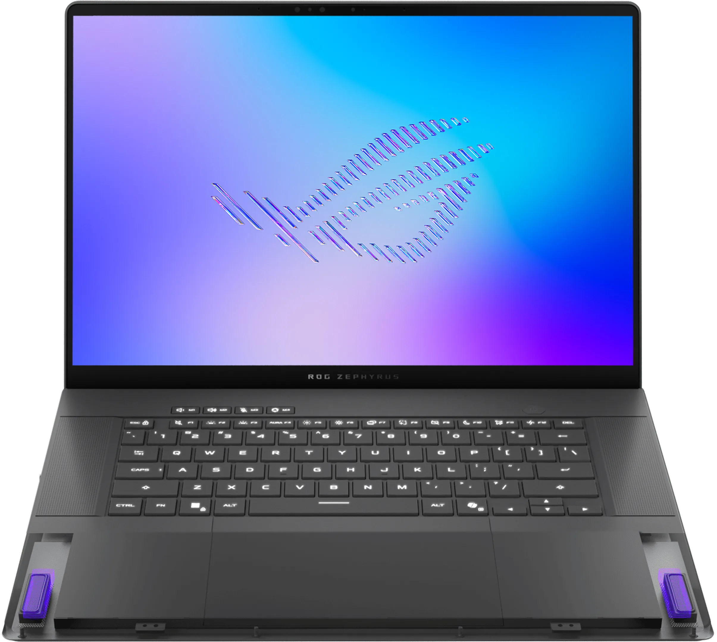 An Eclipse Grey 幻16 Air, with a 3D cutaway on the speaker section and large simulated soundwaves coming from the speakers.