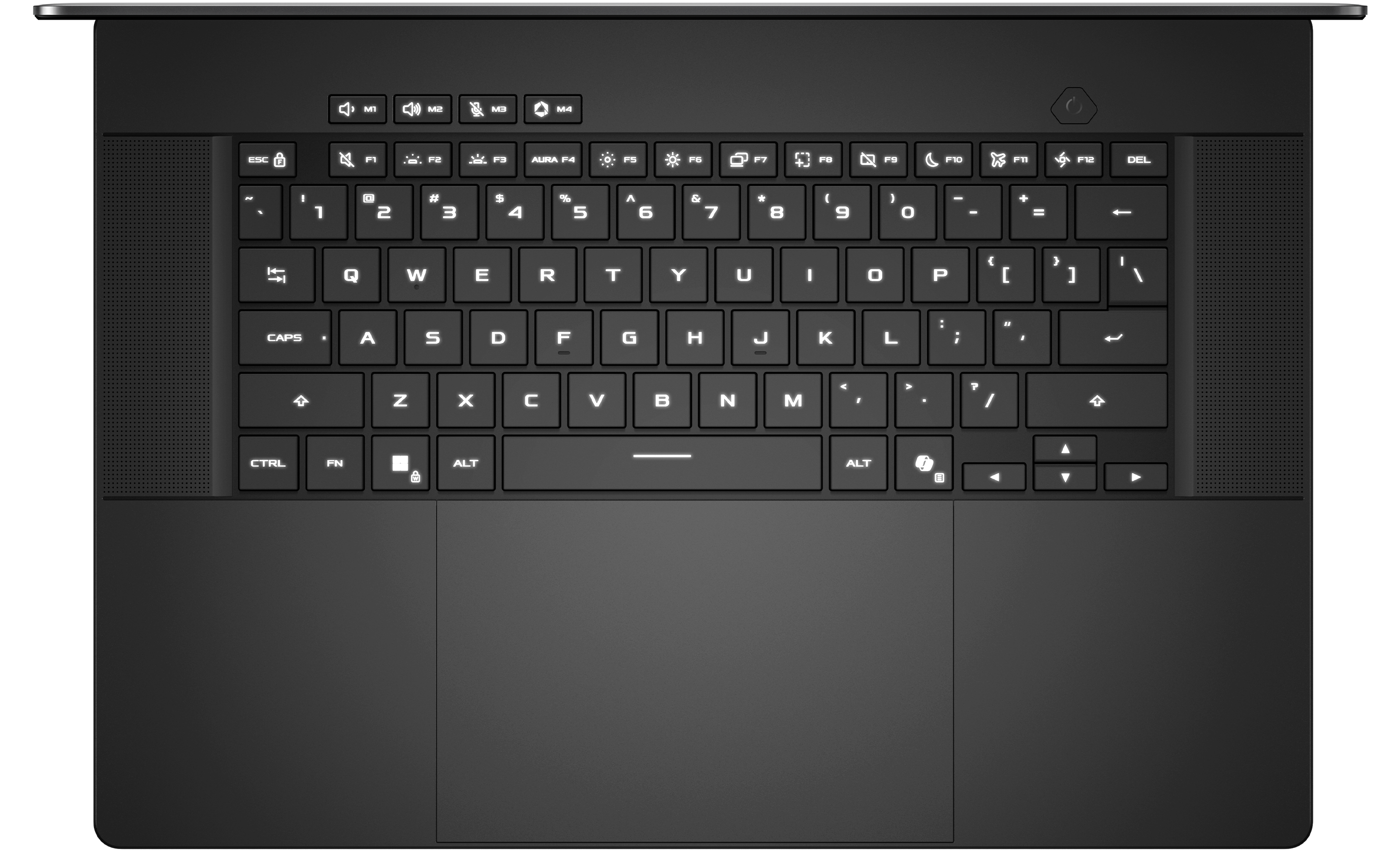 A top down view of a Platinum White 幻16 Air, emphasis on the larger keys and speakers.