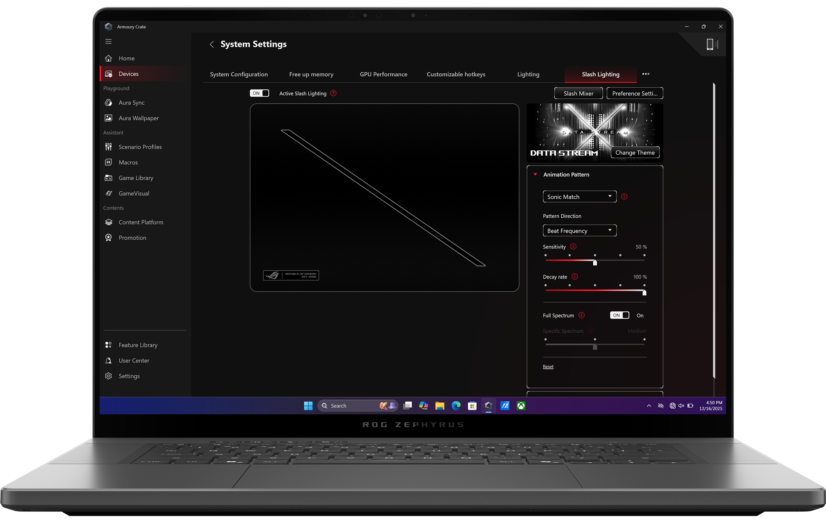An Eclipse Grey 幻16 Air with the lid open and the Game Visual submenu of Armoury Crate open on screen.