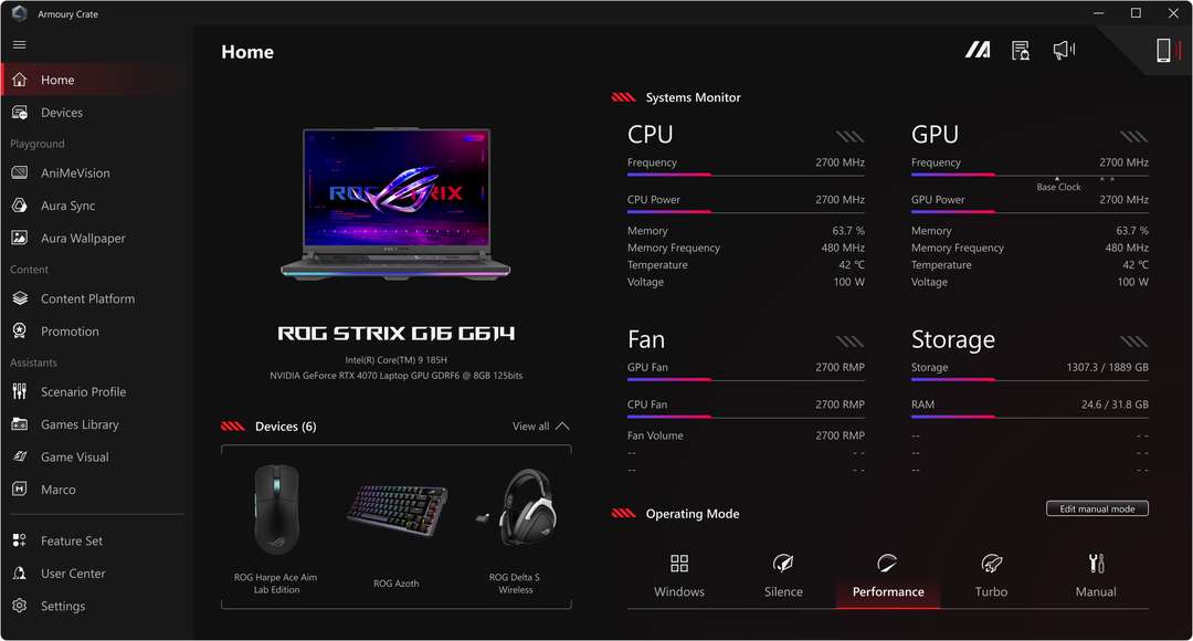 The UI displays Performance Mode in Armoury Crate.