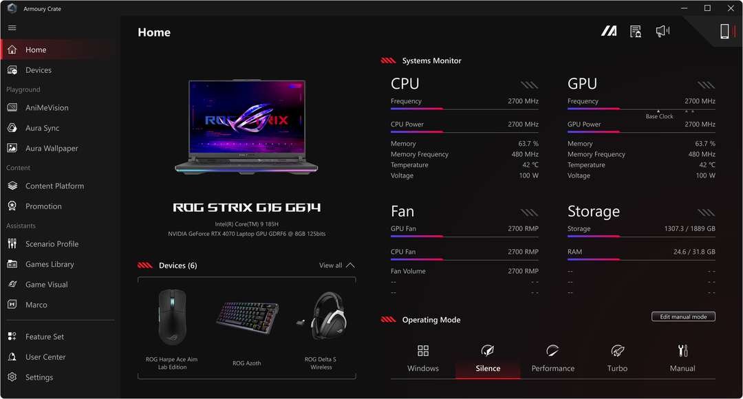 The UI displays Silence Mode in Armoury Crate.