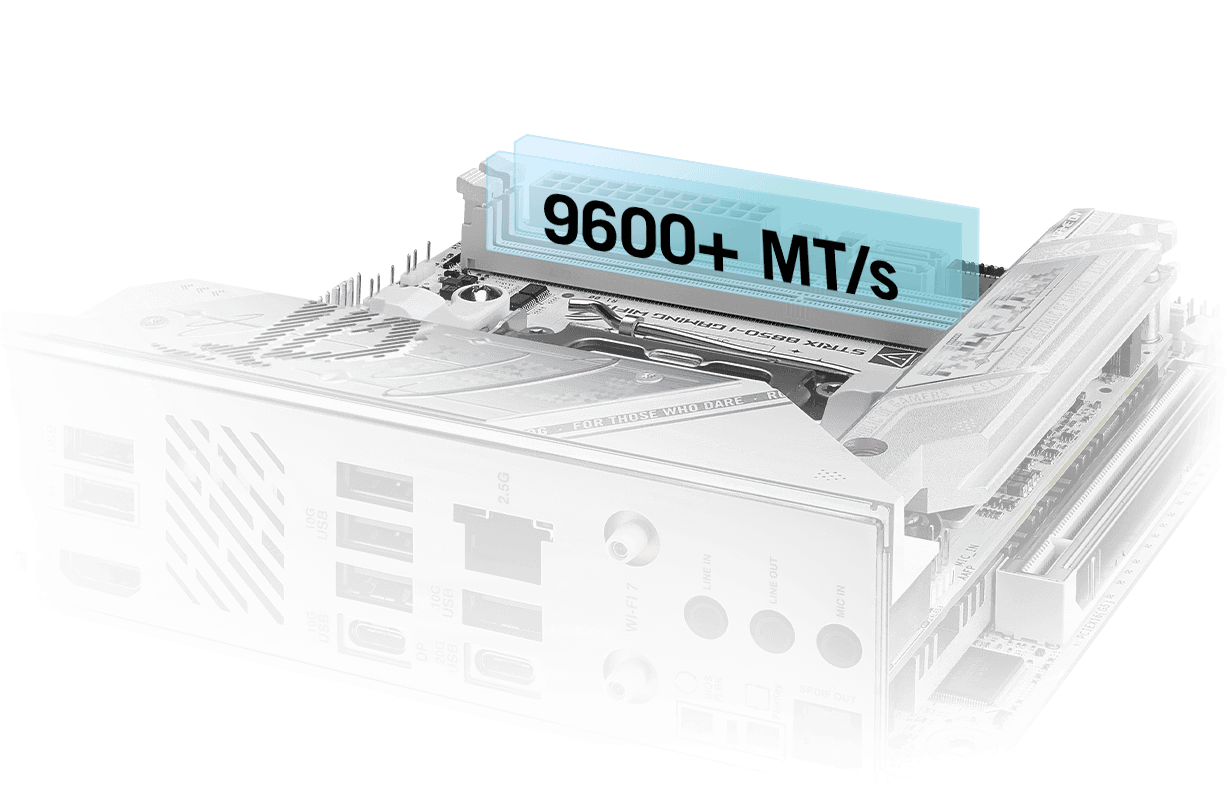 Strix B850-I WIFI7 W 主板支持内存超频至9600+ MT/s。