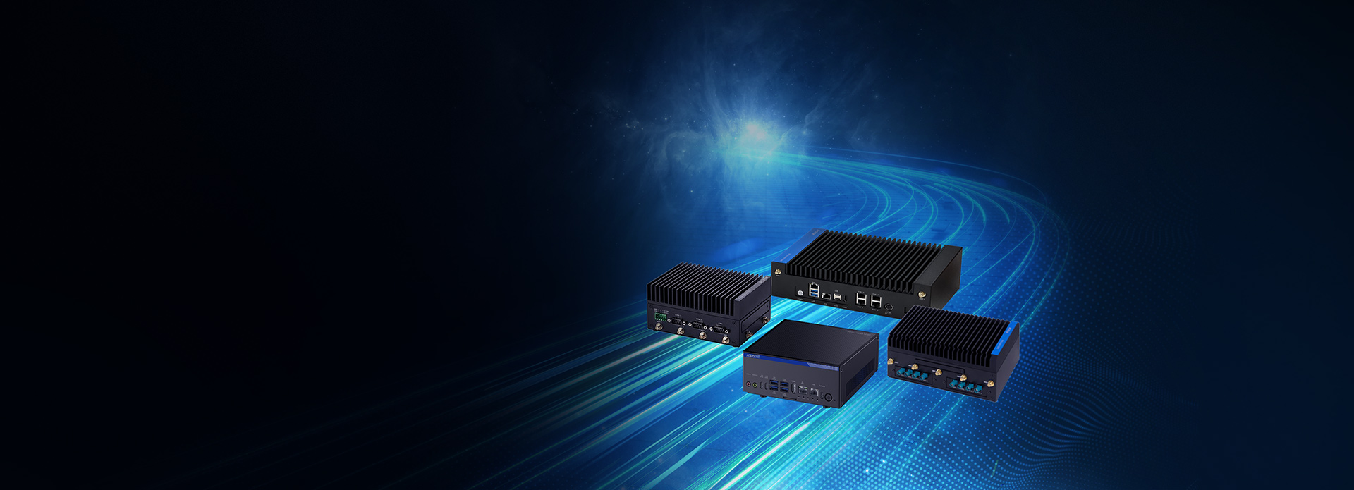 ASUS IoT Jetson 边缘 AI 系统全家福，标语为'NVIDIA Jetson 边缘 AI 计算机，单一平台，赋能各行业全方位边缘 AI'
