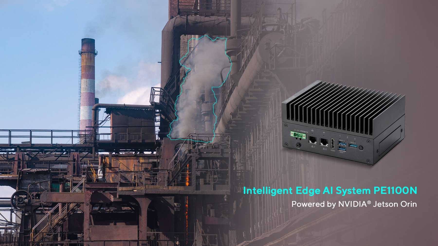 工厂中带有烟囱和大型机械的工业场景。内嵌图展示了由 ASUS IoT 驱动的紧凑型黑色 AI 设备，标有'Intelligent Edge AI System PE1100N'。