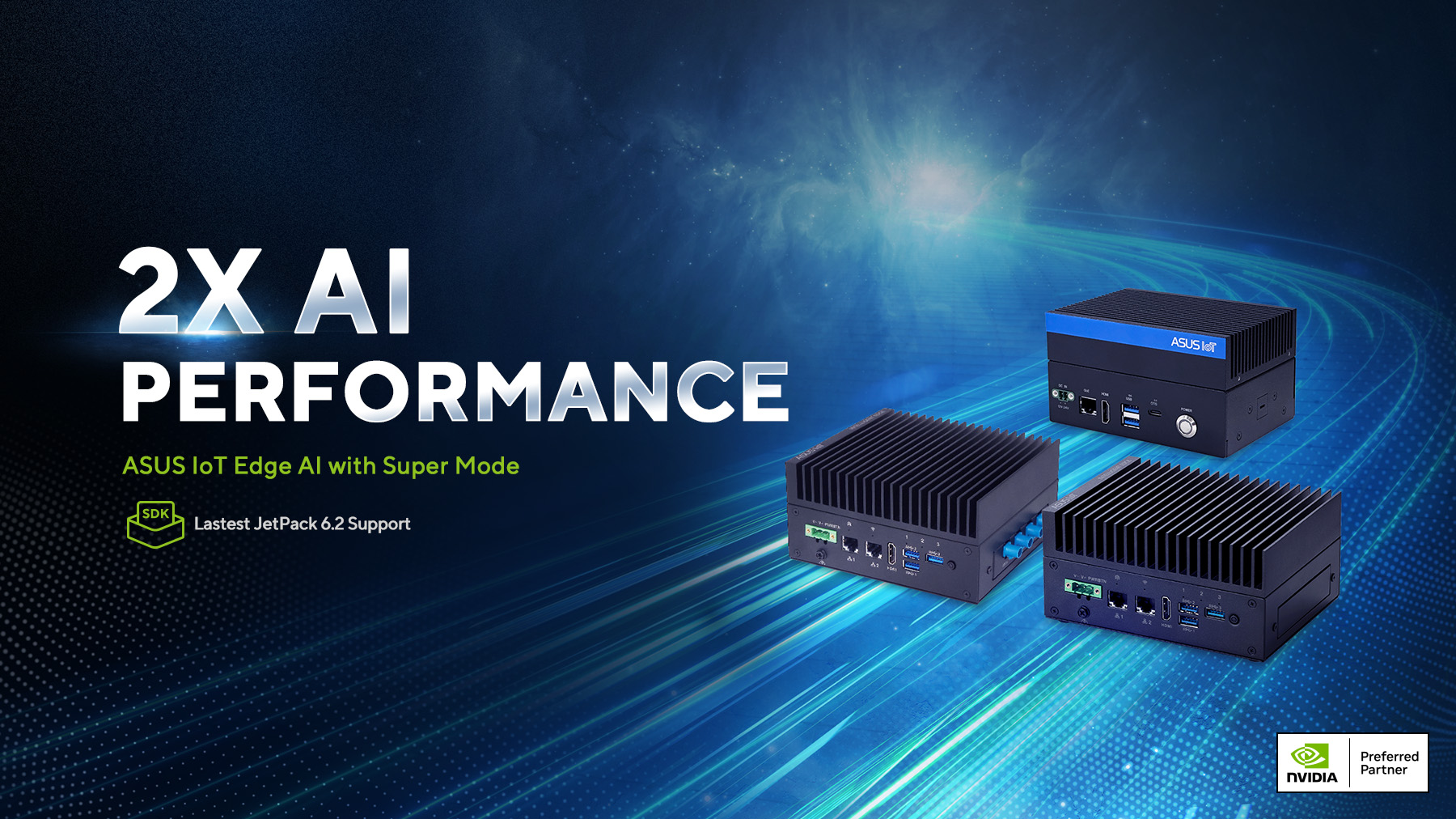 ASUS IoT 边缘 AI 设备在蓝色数字化漩涡背景下展示，强调支持 NVIDIA 和 JetPack 6.2 的'2倍 AI 性能'。