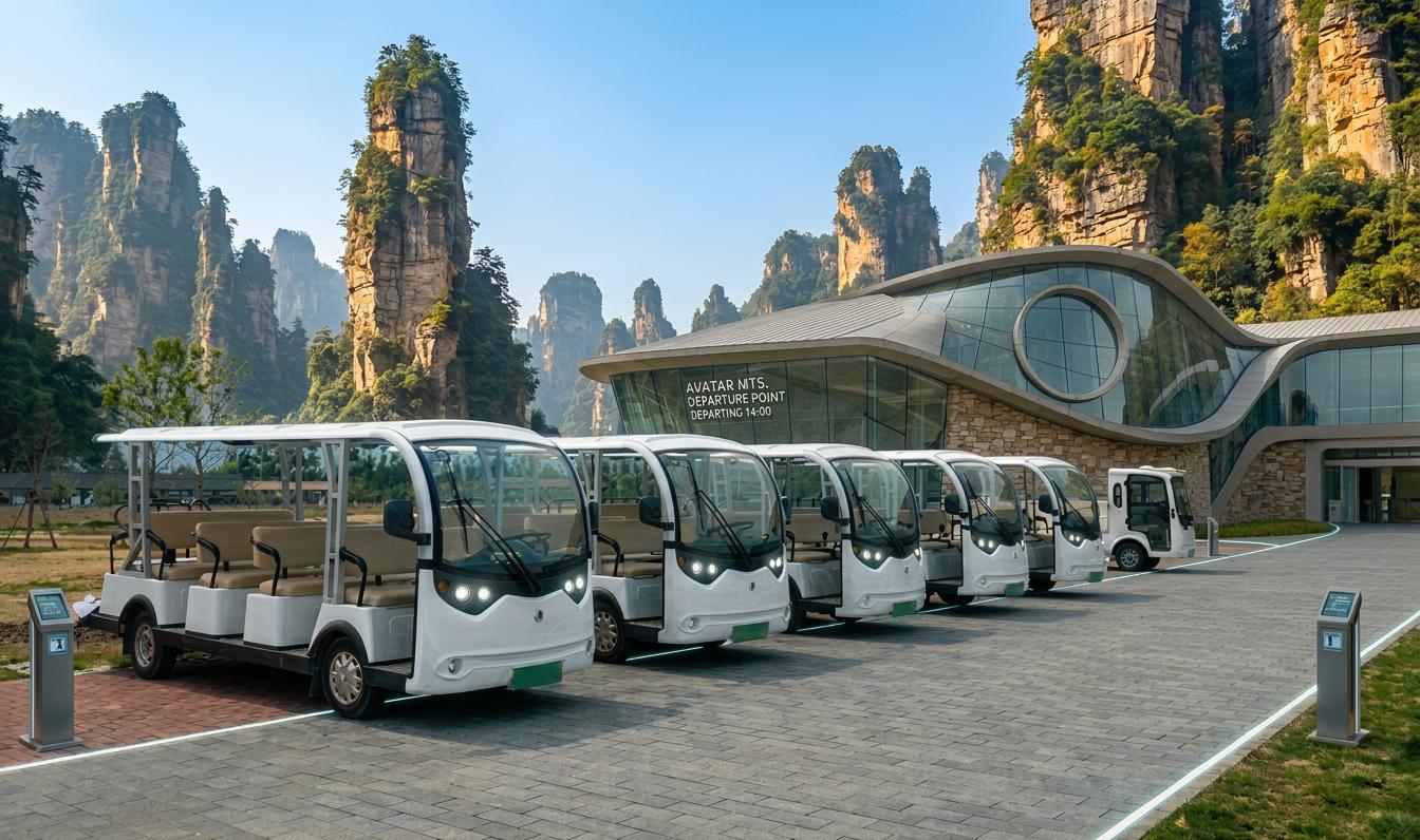 停放在现代化建筑前的一组无人驾驶观光接驳车，展示环保出行方式。