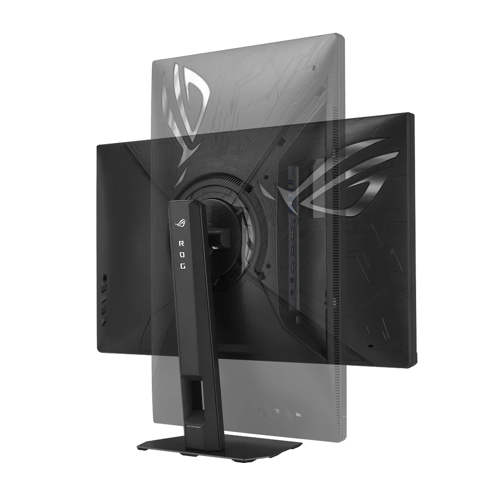 显示器呈现从横向旋转至纵向的状态。文本内容为&ldquo;+90° ~ -90° 垂直旋转&rdquo;。