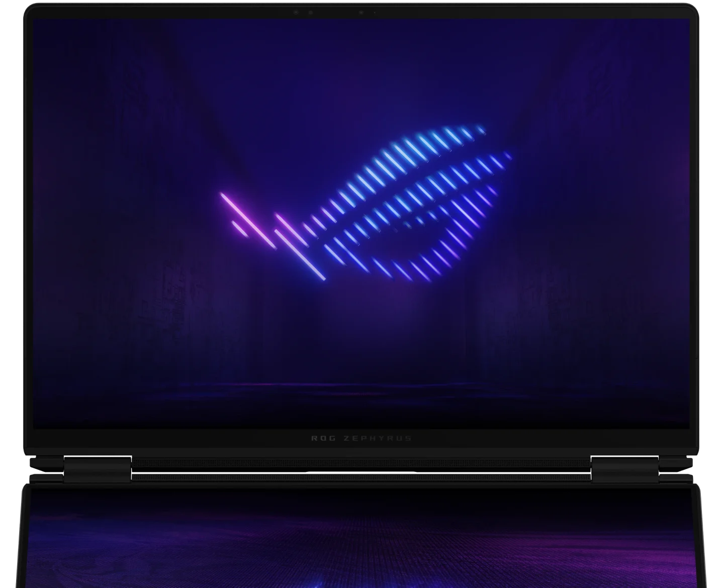 An ROG logo wallpaper on the main panel of the 幻16 双屏.