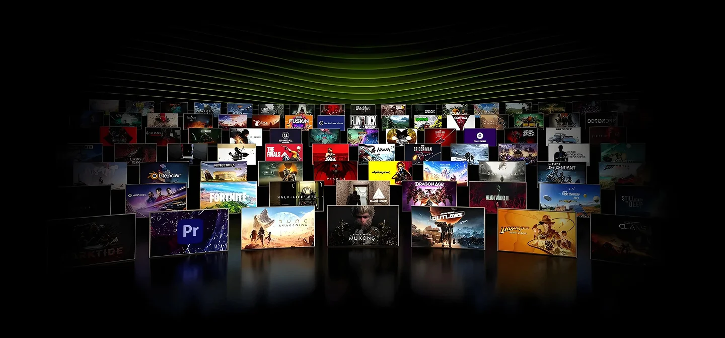 Various game showcasing NVIDIA Geforce RTX 50 Sereis Laptop GPU.