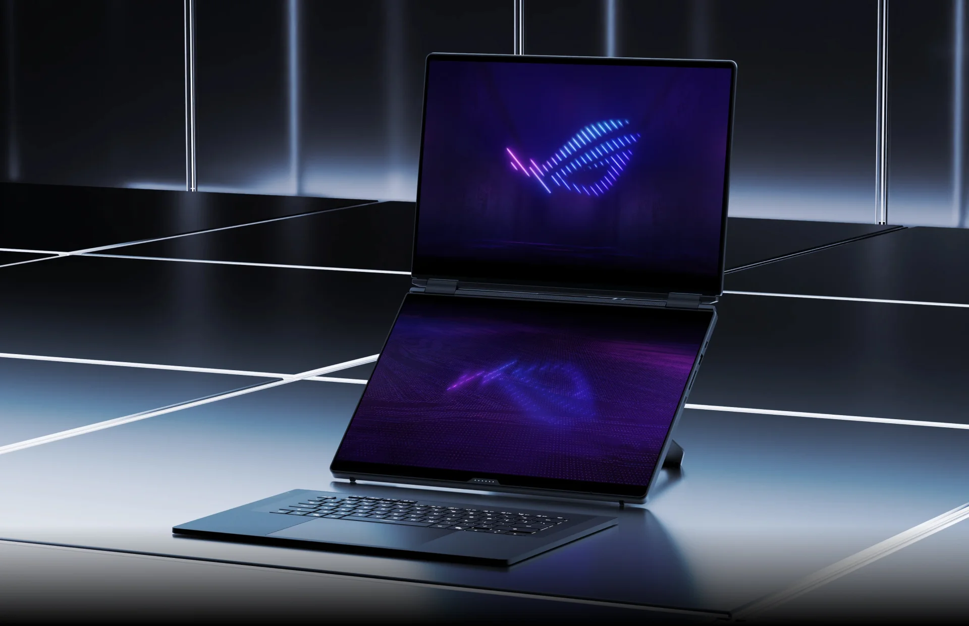 A 幻16 双屏sitting on a platform in the dual screen mode with ROG Logo wallpaper.