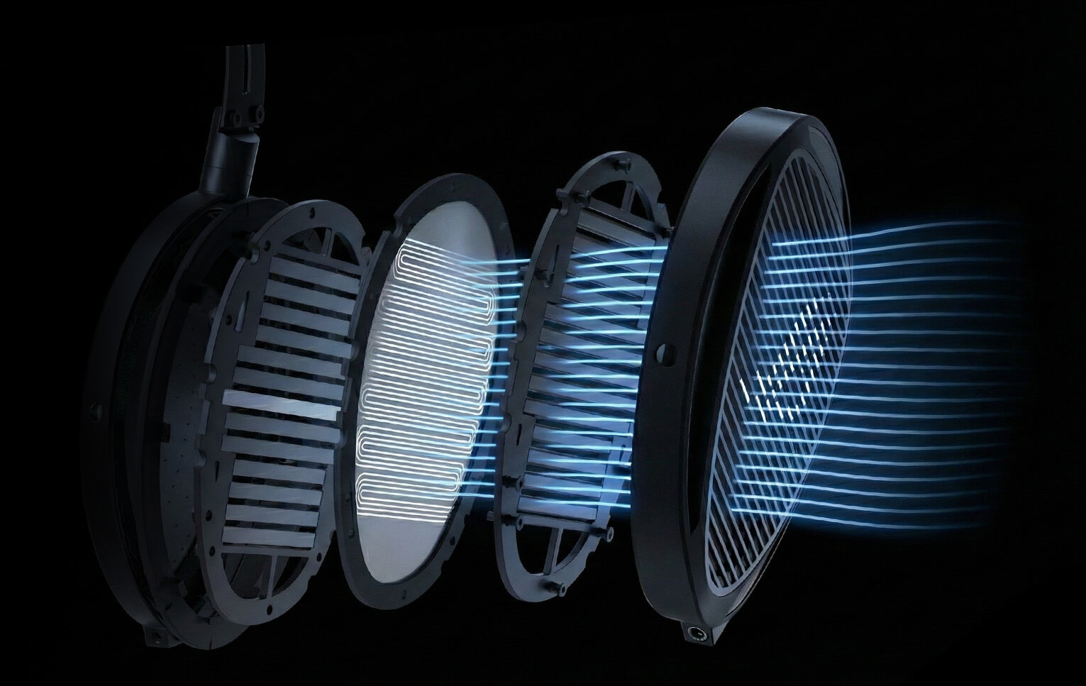 Exploded view of ROG臻世open-back headset earcup showing internal acoustic structure and airflow