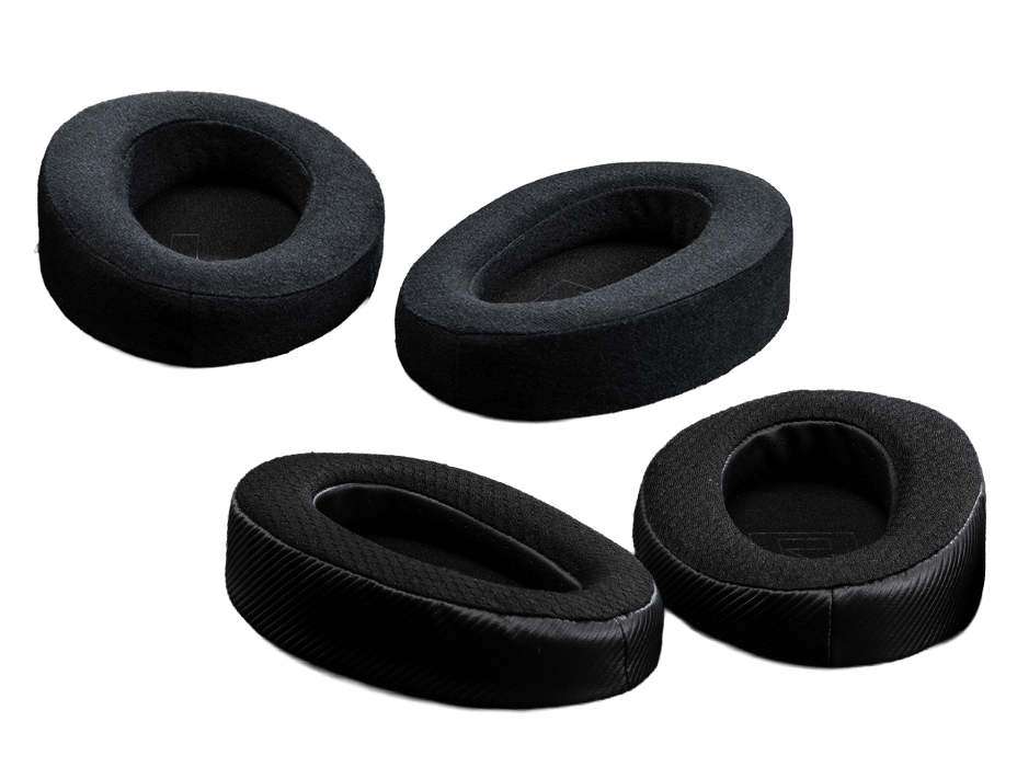 Two types of ROG臻世ear pads shown, including leatherette-with-fabric and velour options