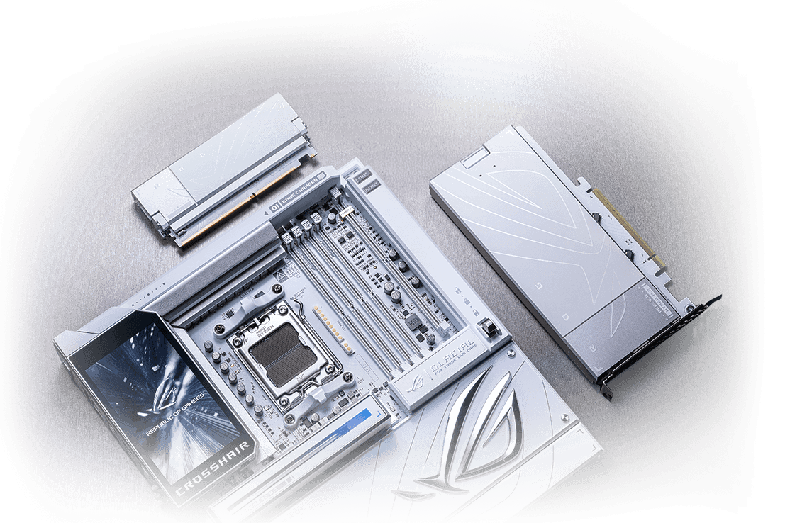 ROG Crosshair X870E Glacial 主板，配备 ROG Hyper M.2 扩展卡与 ROG Q-DIMM.2