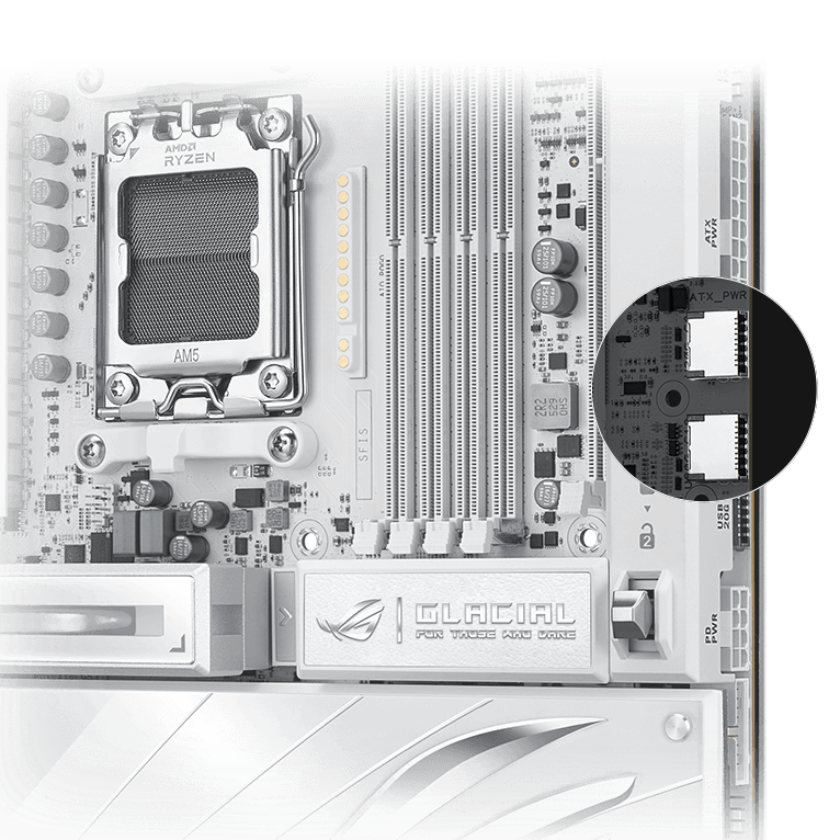 ROG Crosshair X870E Glacial 主板配备两个前置面板 USB 20Gbps Type-C 接口