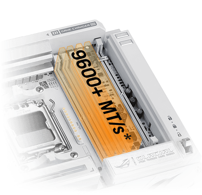 ROG Crosshair X870E Glacial 主板支持内存超频至 8600+ MT/s。