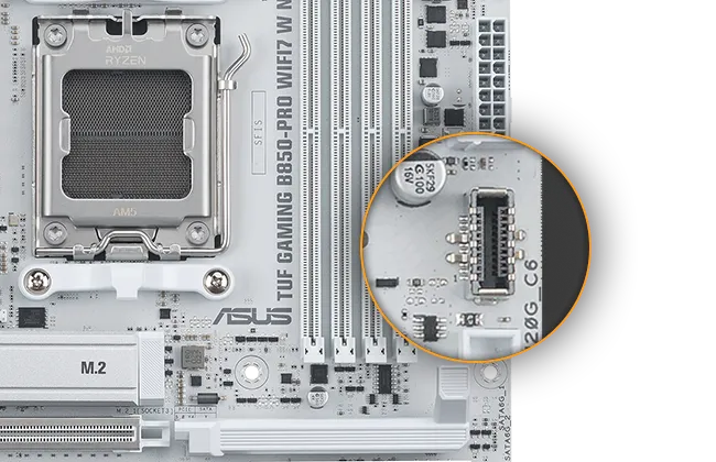 TUF GAMING B850-PRO WIFI7 W NEO主板的放大插图,突出显示了前面板 USB 20Gbps Type-C 端口,支持高速连接。