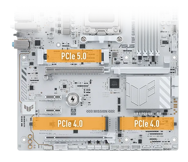 TUF GAMING B850-PRO WIFI7 W NEO 配备一个标有 PCIe 5.0 的突出显示 PCIe 插槽和一个标有 PCIe 4.0 的 PCIe 插槽。插槽用橙色标出。
