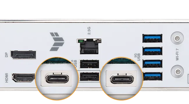 TUF GAMING B850-PRO WIFI7 W NEO 主板的 I/O 背板,放大后的插图突出显示了两个 USB 10Gbps Type-C 端口和其接口他,显示了对高速连接的支持。