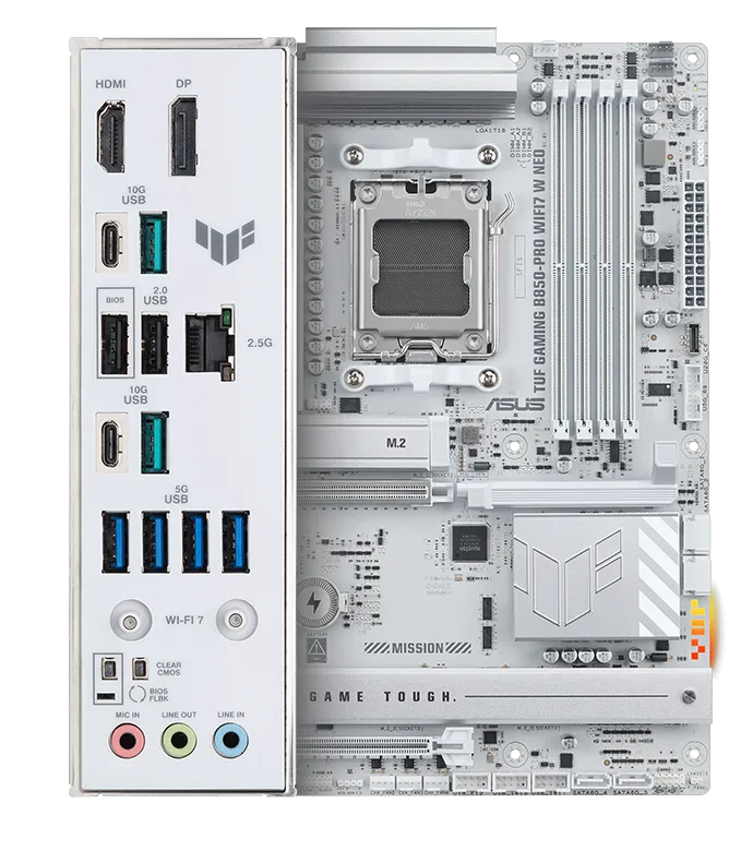 TUF Gaming 主板正面图,配备 Aura 灯效和 I/O 挡板