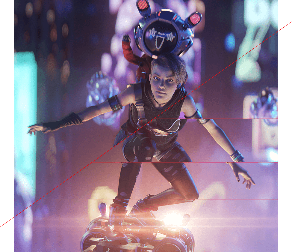 Omni 和 Acht 驾驶飞行滑板的图片，由于 VRR 技术关闭，Acht 的身体出现了画面撕裂。