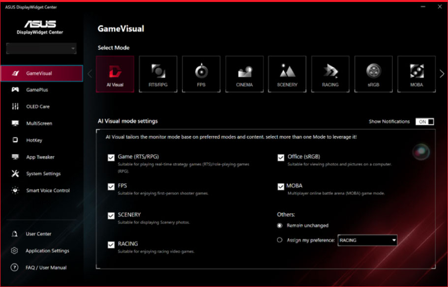 全新 ASUS DisplayWidget Center UI 屏幕截图，显示系统设定、OLED 功能等。
